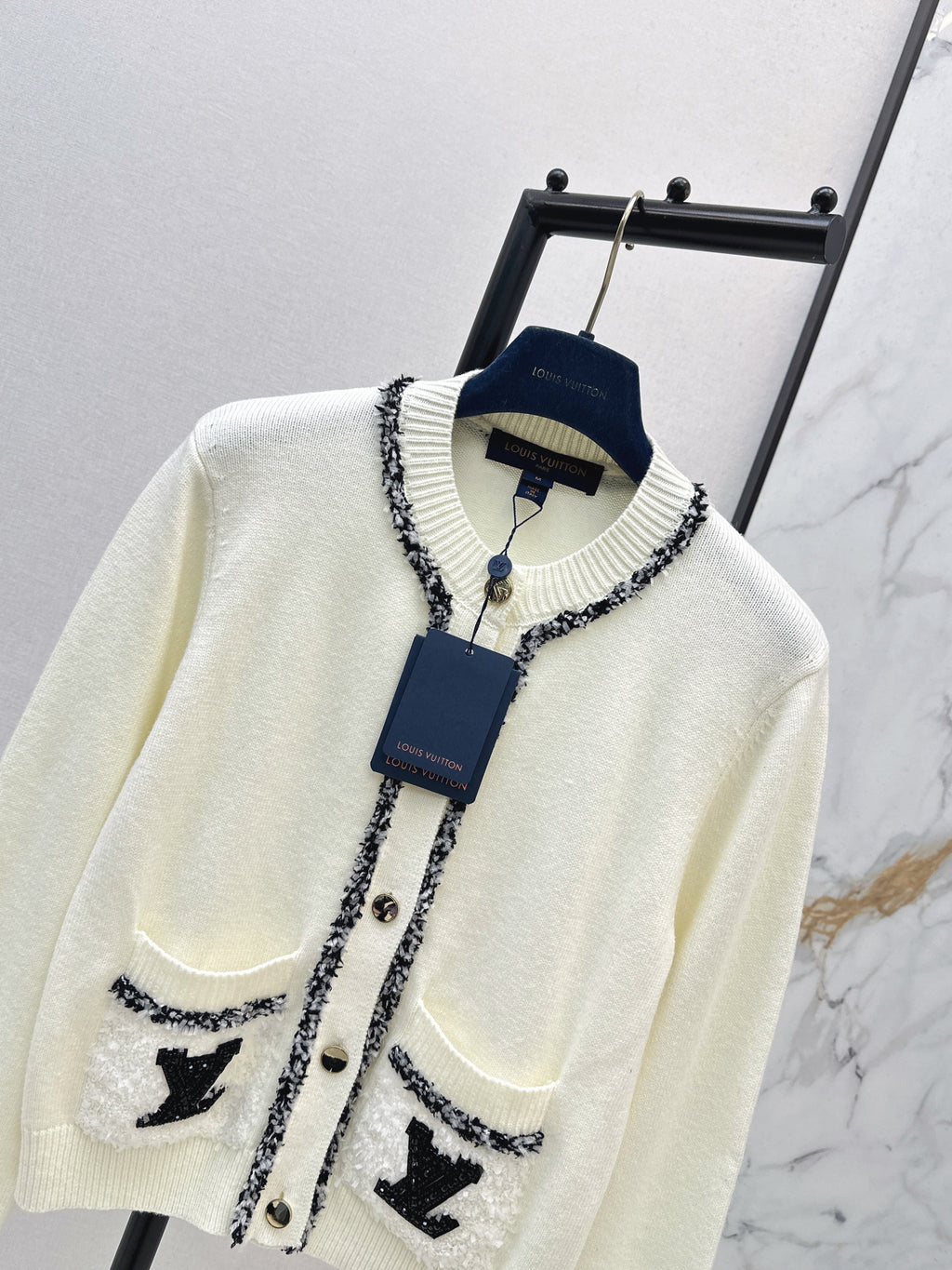 Monogram Pocket Tweed-Trim Cardigan