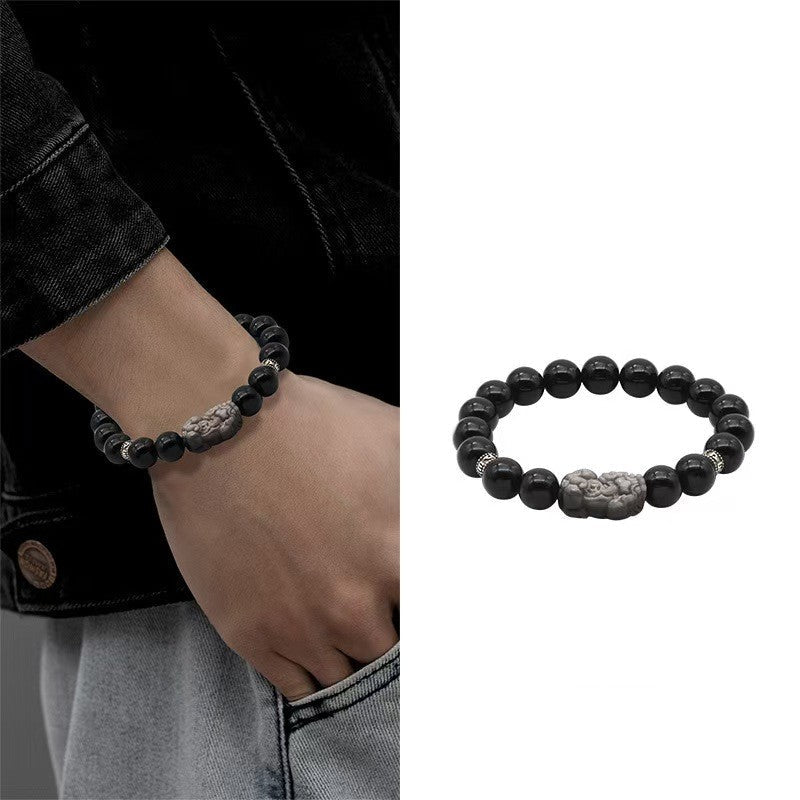 Silver Obisidian Pixiu Six True Words Bracelet-Traditional Good Fortune Symbol
