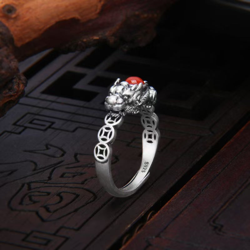 Silver Pixiu Red Agate Ring-Traditional Good Fortune Symbol