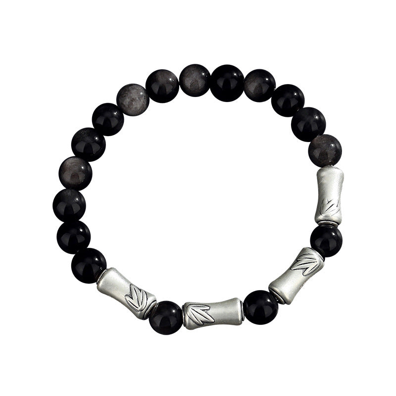 999 Sterling Silver Bamboo Bracelet ¨C Black Obsidian Men's Bracelet for Success & Steady Growth