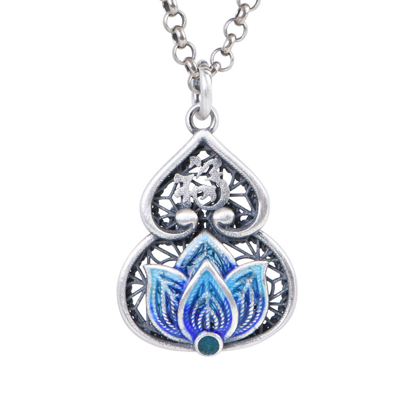 Feng Shui Calabash Cloisonne Silver Necklace-Protection. Longevity & Prosperity
