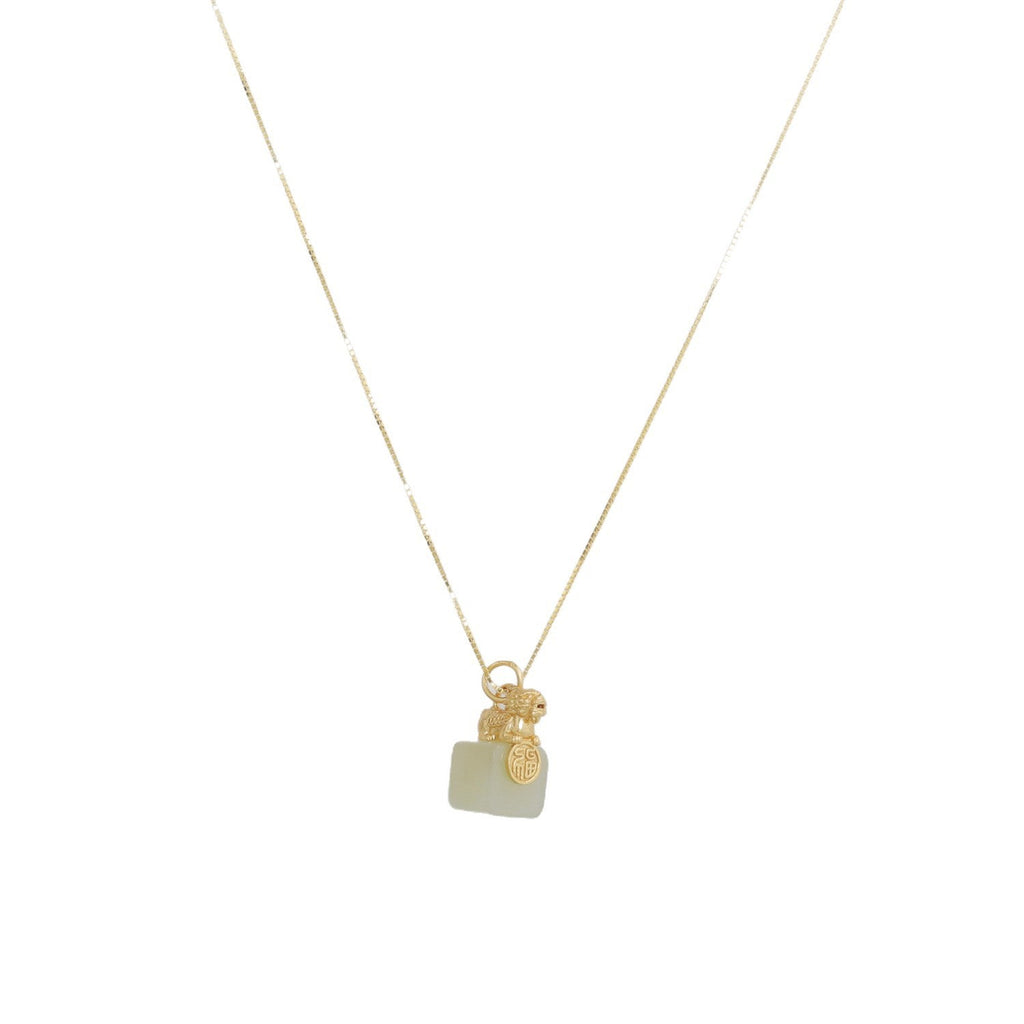 Gold-Plated Pixiu White Nephrite Jade Pendant Necklace-Grounded Opportunity