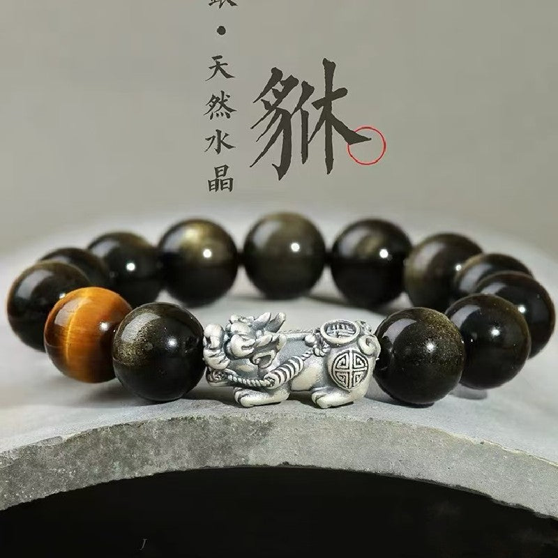 999 Silver Pixiu Gold Obsidian Bracelet-Traditional Good Fortune Symbol