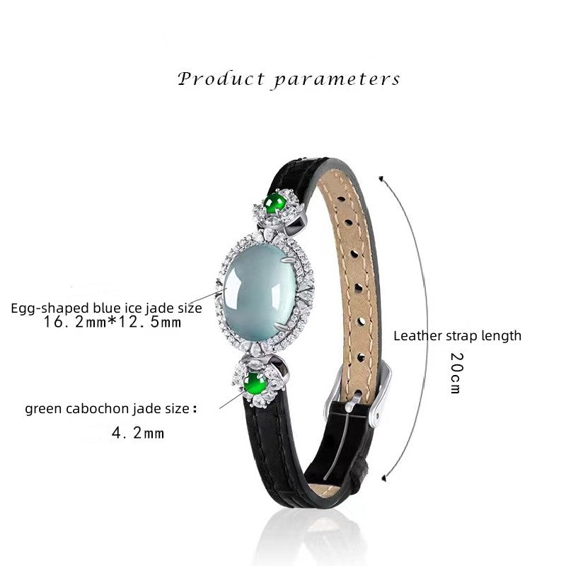 Luxury Blue Ice Jade Bracelet with Leather Strap -Attract Luck