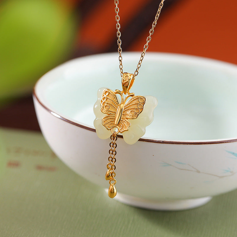 Nephrite Jade Butterfly Gold-Plated S925 Silver Necklace-Gentle Renewal