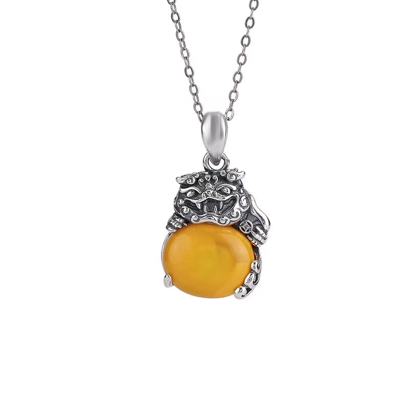 Pixiu Yellow Agate Silver Necklace-Balance and Prosperity