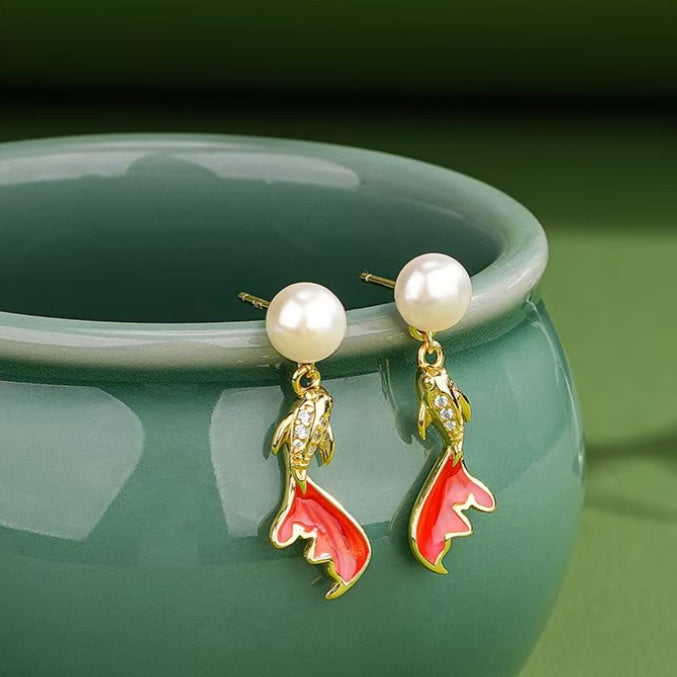 Pearl Koi Fish Drop Earrings ¨C Elegant Gold-Plated Studs with Enamel & Crystals