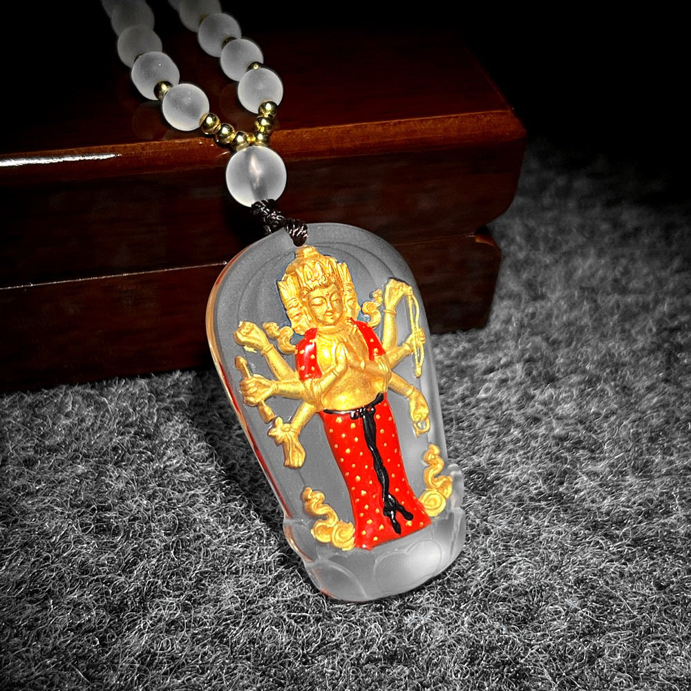 Eight-Armed Avalokiteshvara Gilded Liuli Pendant-Compassion. Protection & Spiritual Blessings