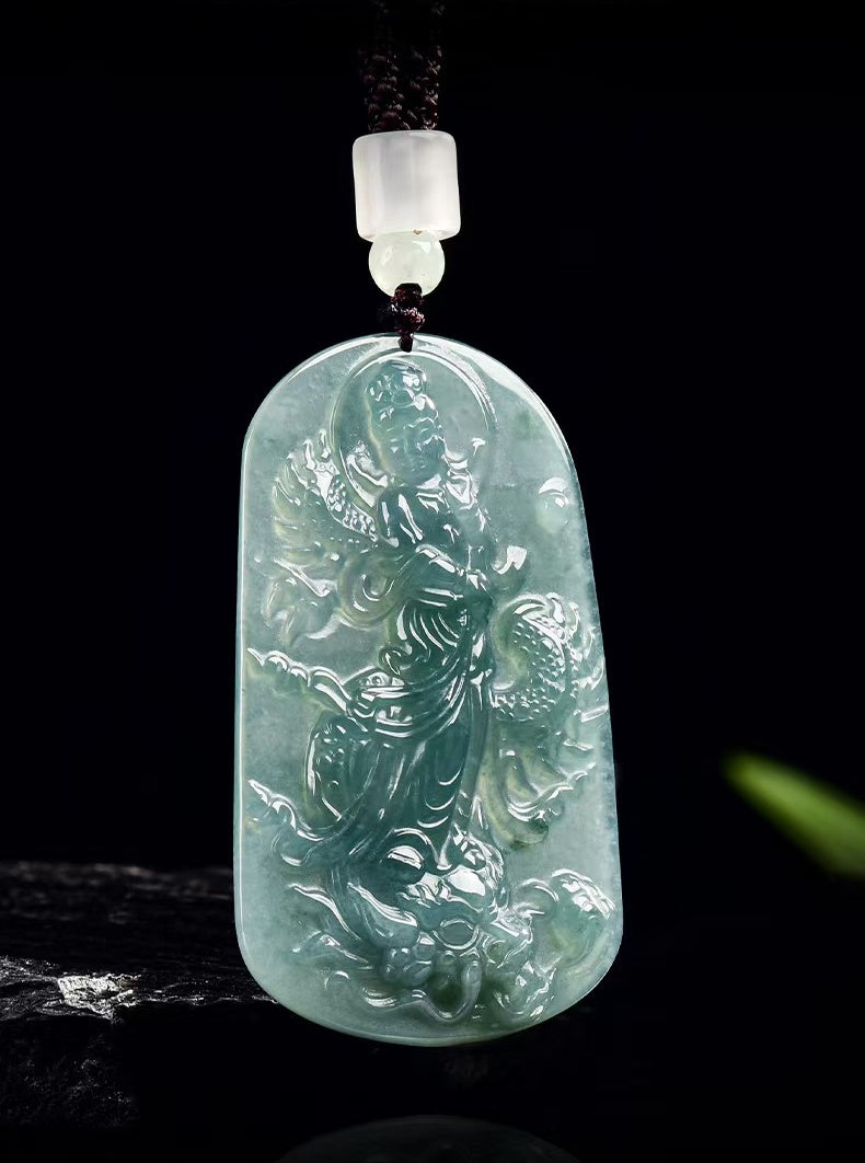 Natural Jadeite Guanyin with Dragon Pendant ¨C Hand-Carved Ice-Type Jade