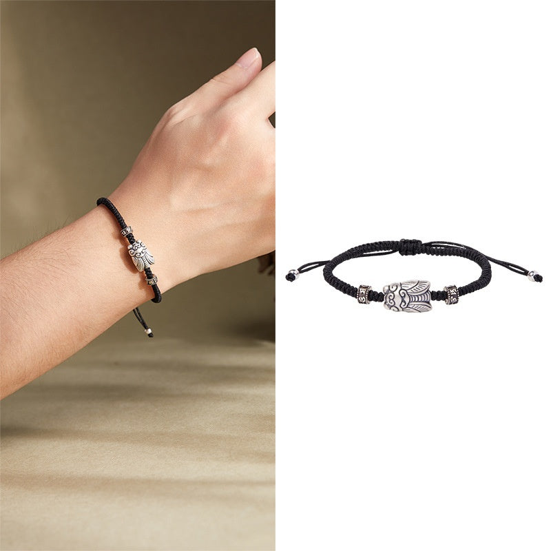 Sterling Silver Cicada Bracelet ¨C Handwoven Cord with Vintage Finish