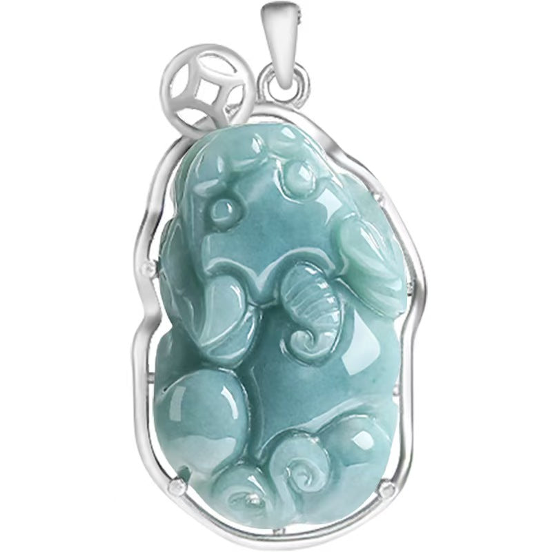 Serene Pixiu Ice Jade Pendant-925 Sterling Silver Necklace for Protection. Wealth & Steady Growth