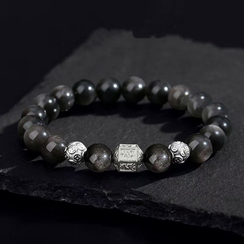 Tibetan Six True Words Obsidian Men`s Bracelet-Protection&Luck