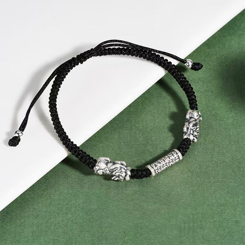 999 Silver Double Pixiu Six True Words Bracelet-Traditional Good Fortune Symbol