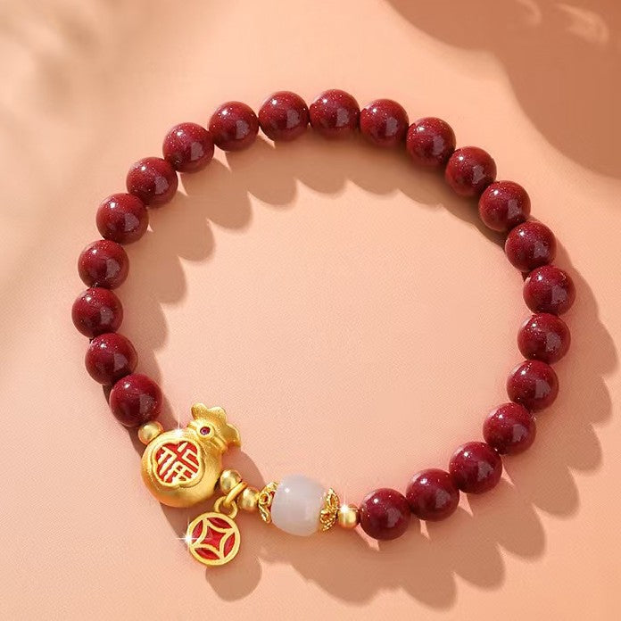 Gold Money Bag Cinnbar Beads Bracelet-Traditional Good Fortune Symbol