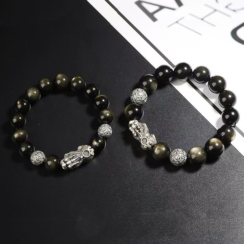 Silver Pixiu Gold Obsidian Bracelet-Traditional Prosperity Symbol