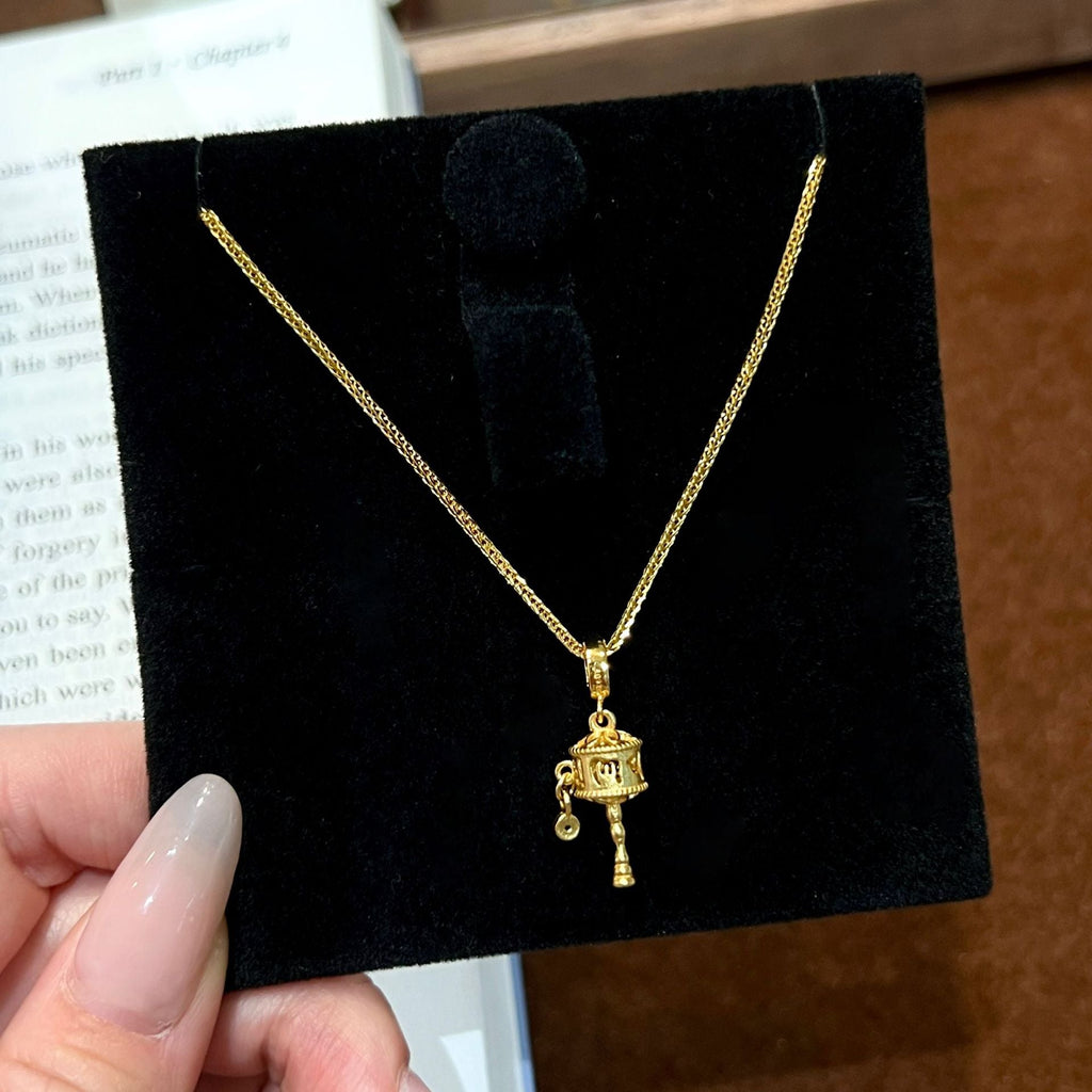 Green Agate Tibetan Prayer Wheel Gold-Plated S925 Silver Necklace-Quiet Motion