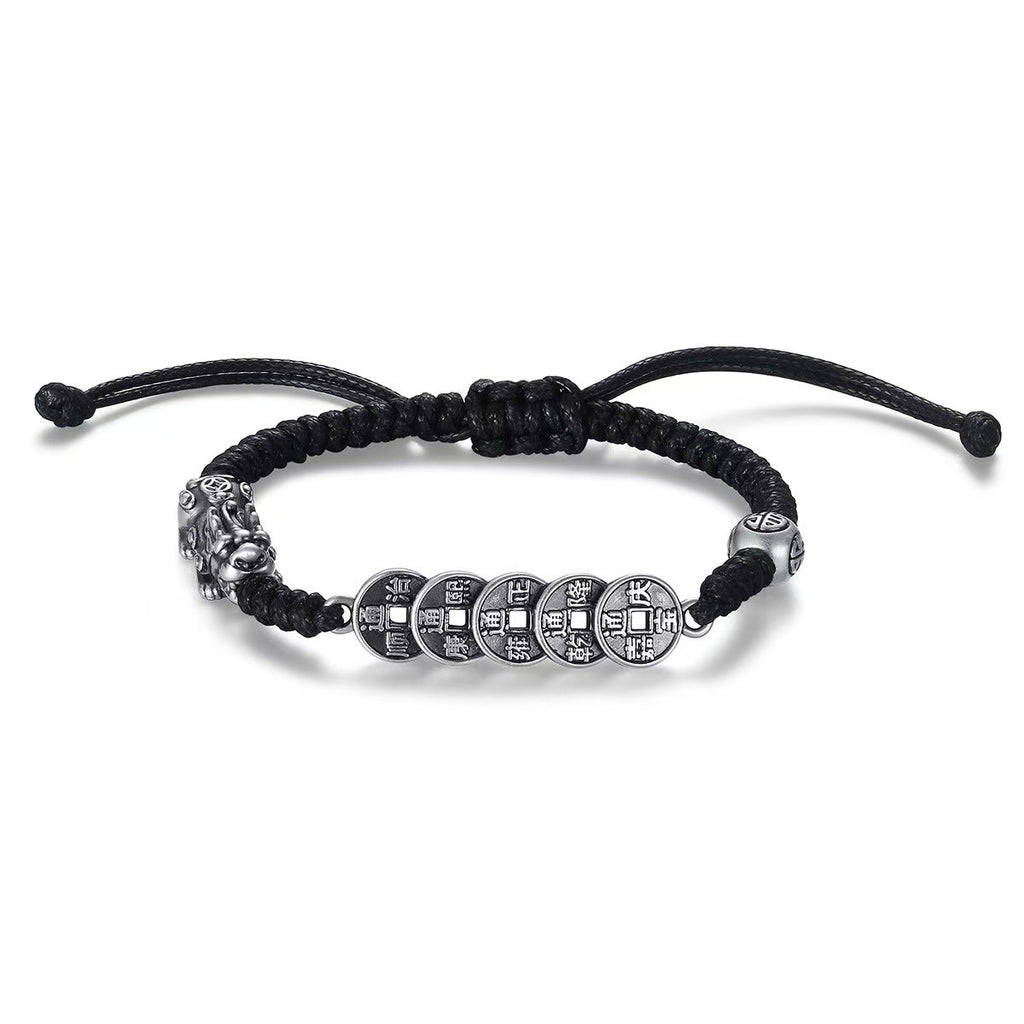 Fortune Lock ¨C Pixiu Five Emperor Coins Silver Cord Bracelet