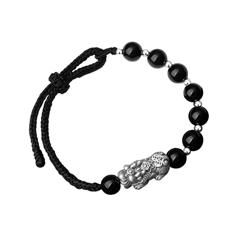 Black Obsidian 999 Silver Pixiu Bracelet-Traditional Good Fortune Symbol