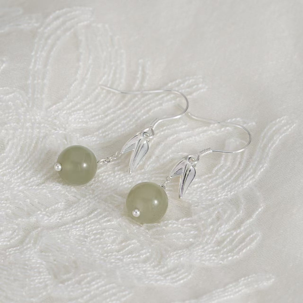Bamboo Leaf Green Jade Drop Earrings ¨C Gentle Harmony in 925 Sterling Silver
