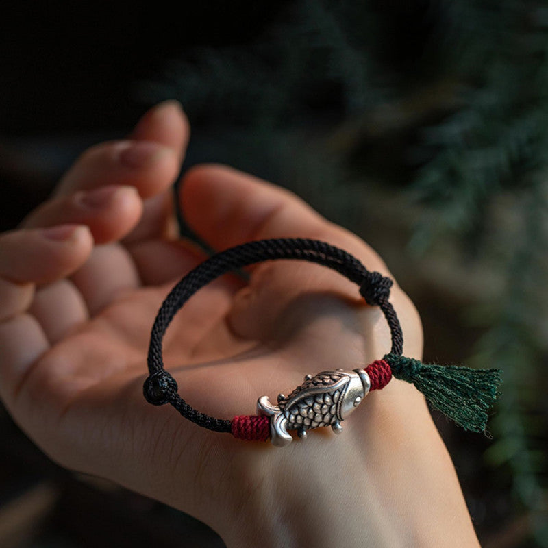 Silver Koi Woven Cord Bracelet ¨C Luck. Perseverance & Smooth Success