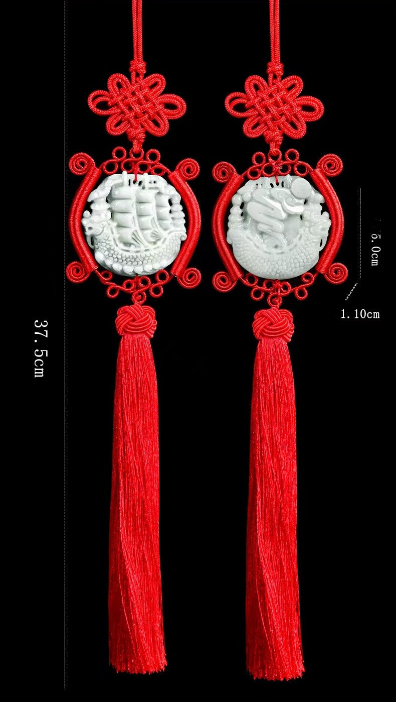 Jade Dragon Boat Car Hanging Ornament â€?Safe Journey & Success Charm with Red Tassel