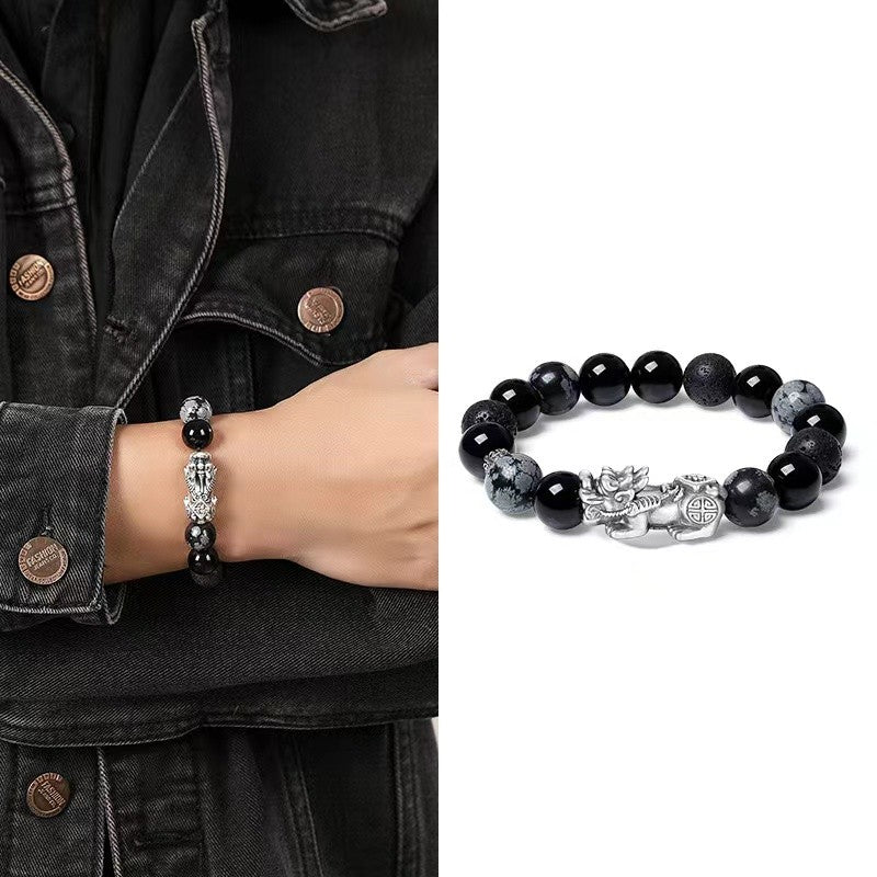 999 Silver Pixiu Obisidian Men`s Bracelet-Attract Luck