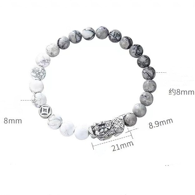 White Turquoise Beads Silver Pixiu Bracelet-Traditional Good Fortune Symbol
