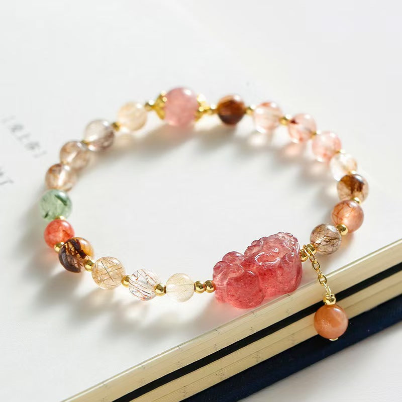 Strawberry Quartz Pixiu Rutilated Quartz Bracelet-Traditional Good Fortune Symbol
