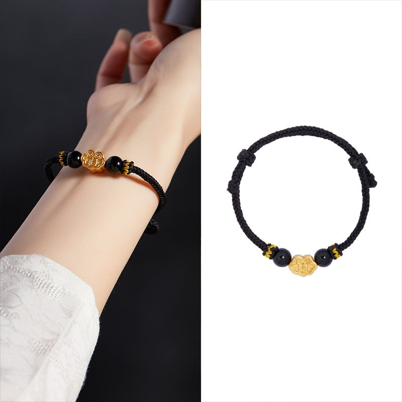 999 Sterling Silver & Obsidian Fortune Bracelet ¨C Handmade Lucky Ruyi Knot Design