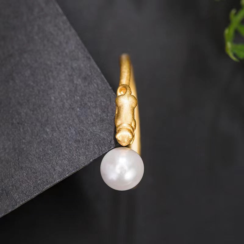 Original Design Gold Cat Pearl Silver Ring-Good Luck and Prosperity