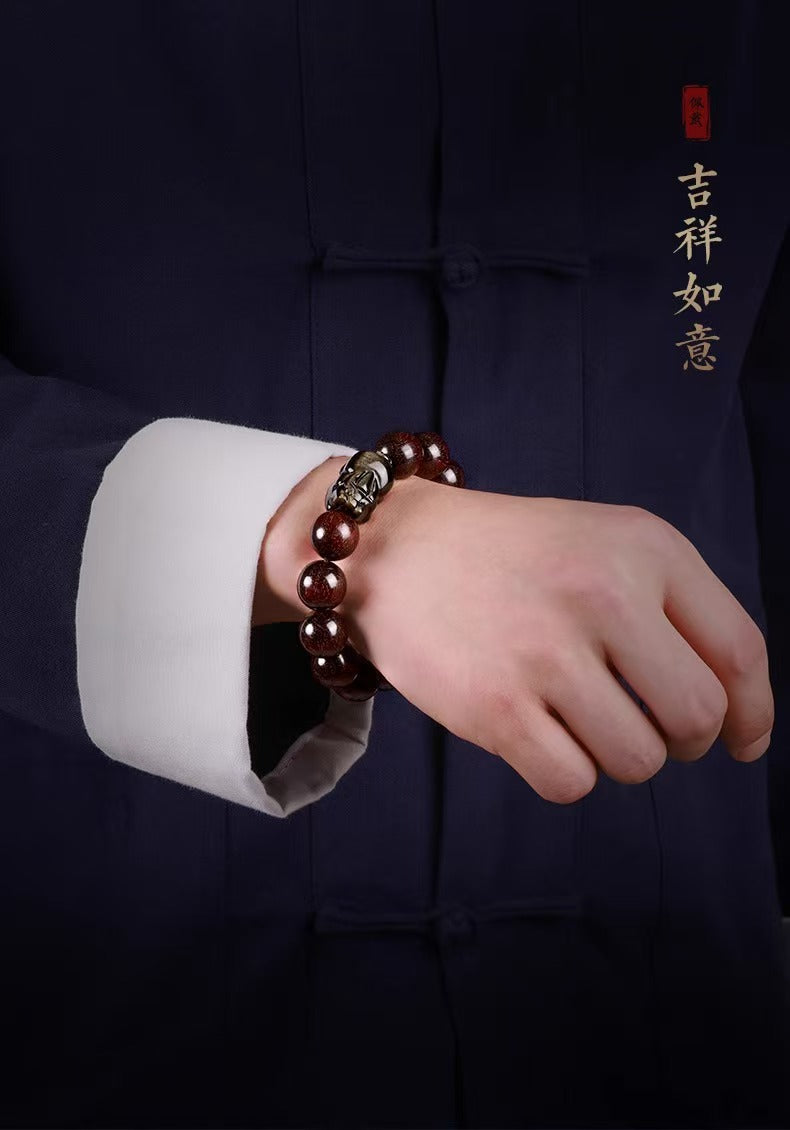 Red Sandalwood & Gold Obsidian Pixiu Bracelet-Prosperity Symbol