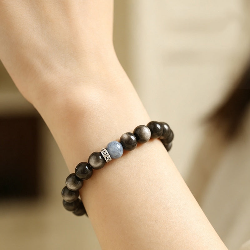 Centered Focus-Silver Obsidian Six True Words Mantra Bracelet