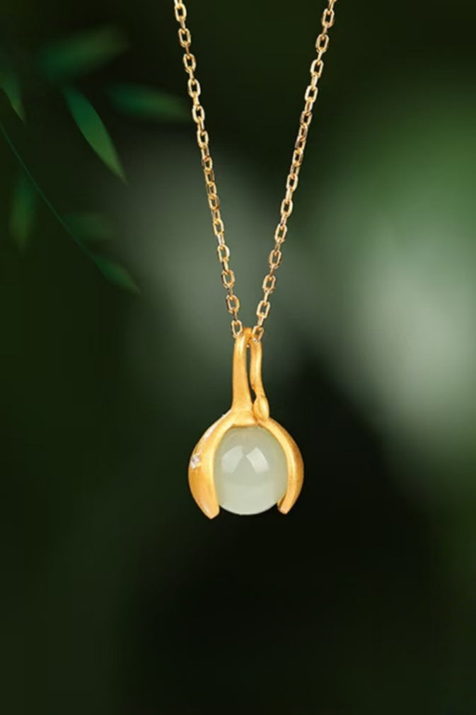 Gentle Essence Hetian Jade Pendant Necklace¨C S925 Sterling Silver with Ancient Gold Finish