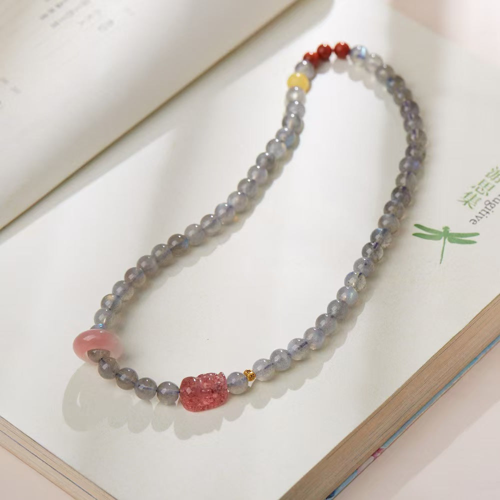 Strawberry Quartz Pixiu Moonstone Bracelet-Traditional Good Fortune Symbol