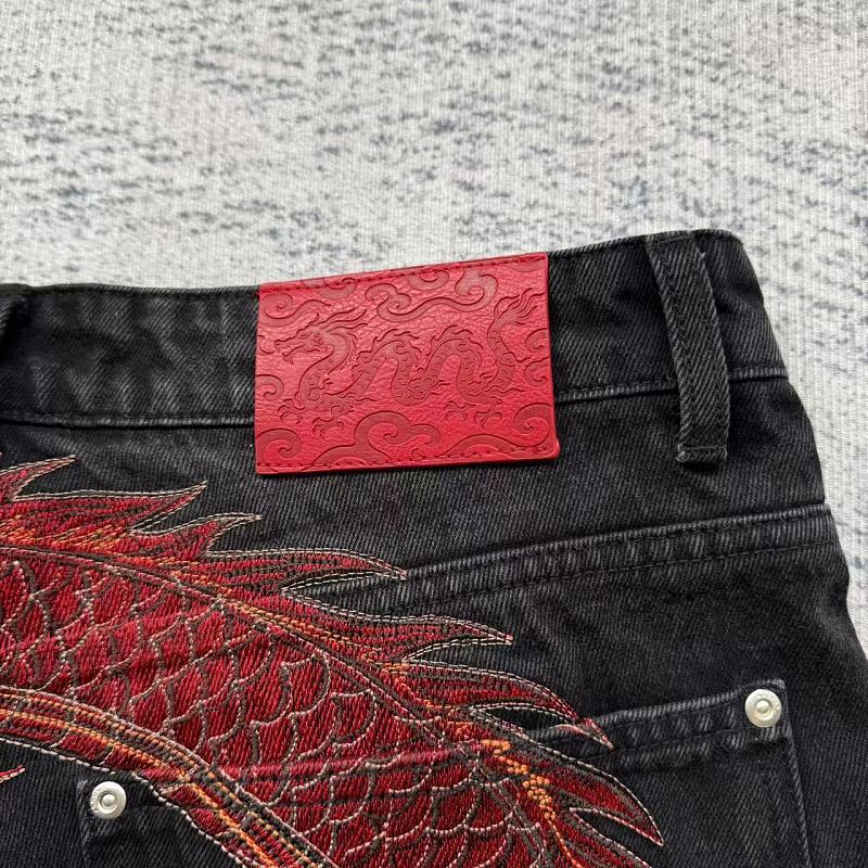 Black Washed Denim Jeans - Red Dragon Embroidery