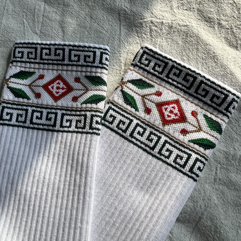 White Crew Socks with Ethnic Pattern Cuff