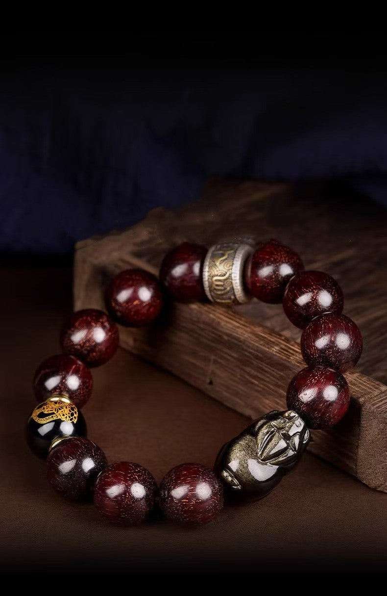 Red Sandalwood & Gold Obsidian Pixiu Bracelet-Prosperity Symbol