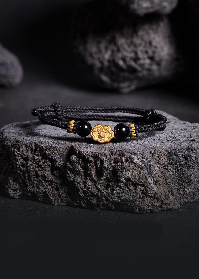999 Sterling Silver & Obsidian Fortune Bracelet ¨C Handmade Lucky Ruyi Knot Design