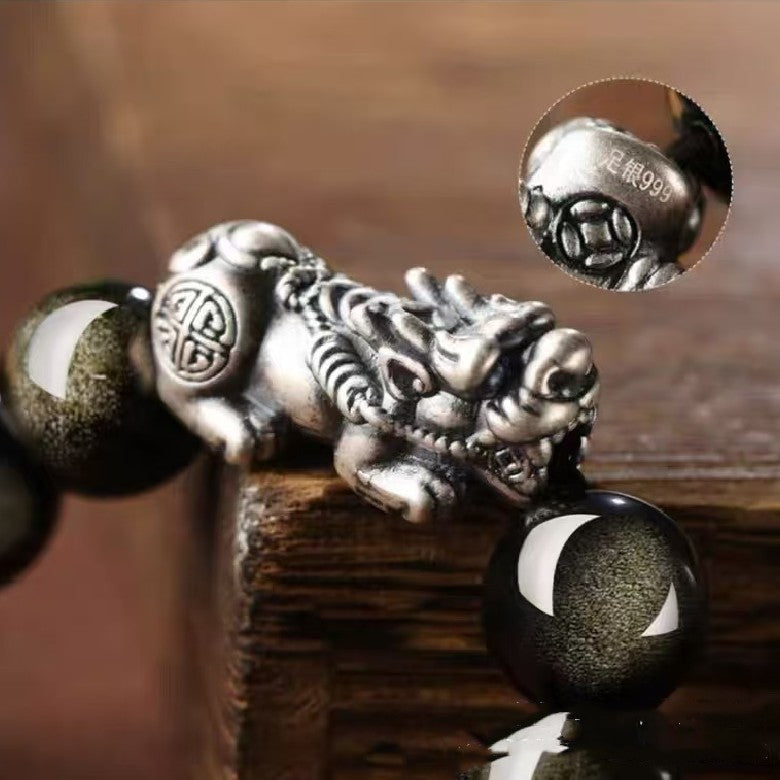 999 Silver Pixiu Gold Obsidian Bracelet-Traditional Good Fortune Symbol