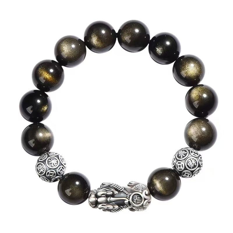 Silver Pixiu Gold Obsidian Bracelet-Traditional Prosperity Symbol