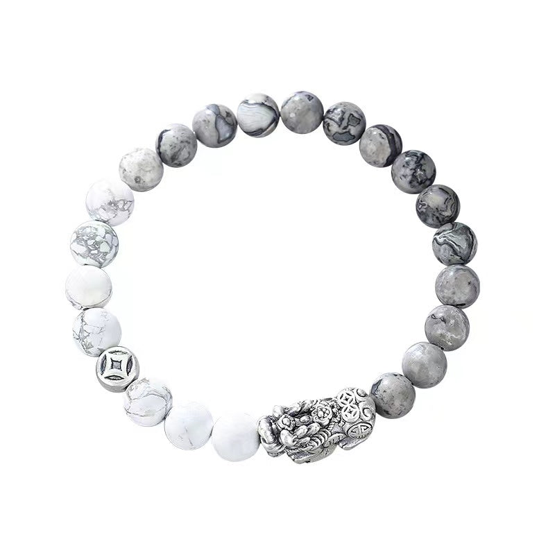 White Turquoise Beads Silver Pixiu Bracelet-Traditional Good Fortune Symbol