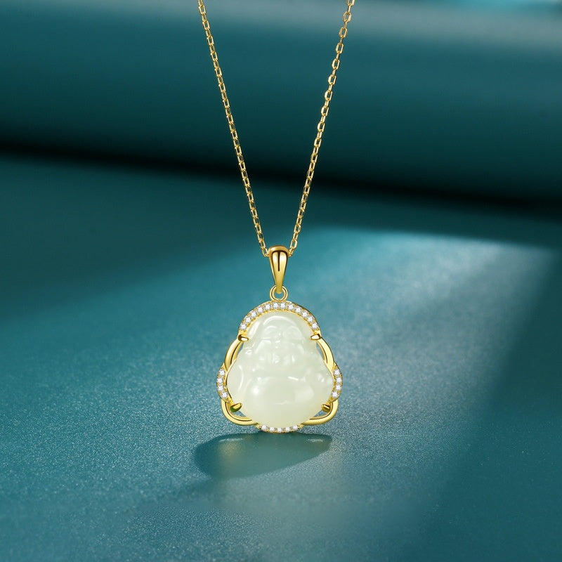 Laughing Buddha Nephrite Jade Gold-Plated S925 Silver Necklace-Joyful Contentment