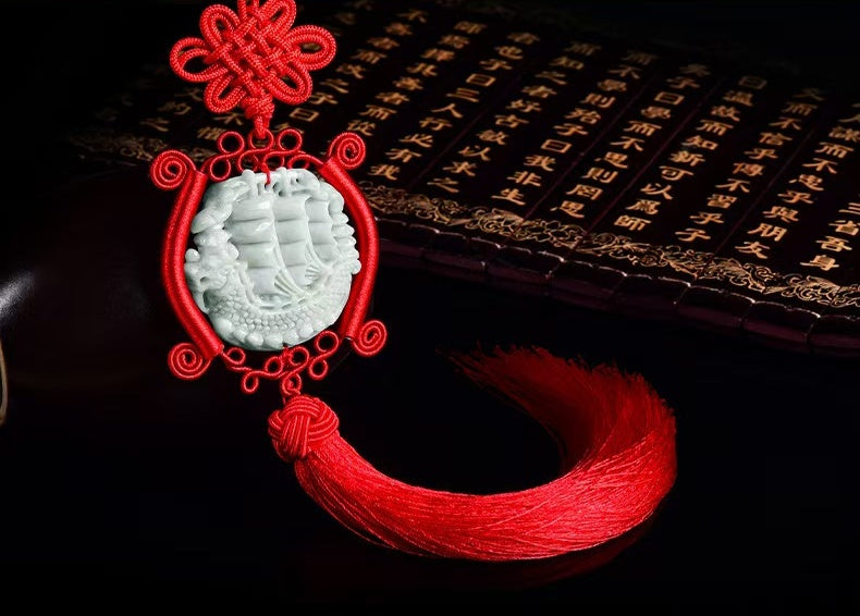 Jade Dragon Boat Car Hanging Ornament â€?Safe Journey & Success Charm with Red Tassel