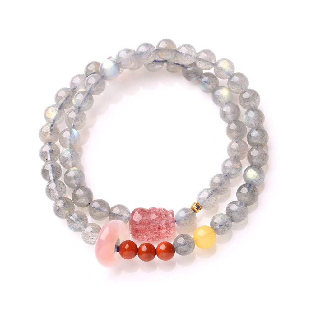 Strawberry Quartz Pixiu Moonstone Bracelet-Traditional Good Fortune Symbol