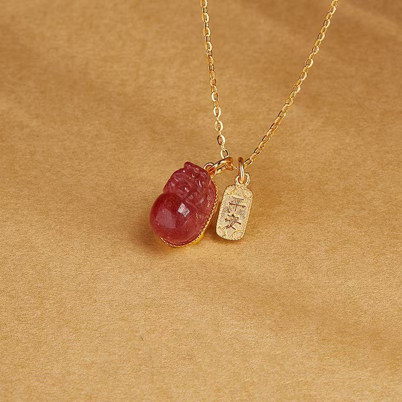 Strawberry Quartz Pixiu & Peace Amulet Pendant Necklace-Good Fortune & Peace Symbol