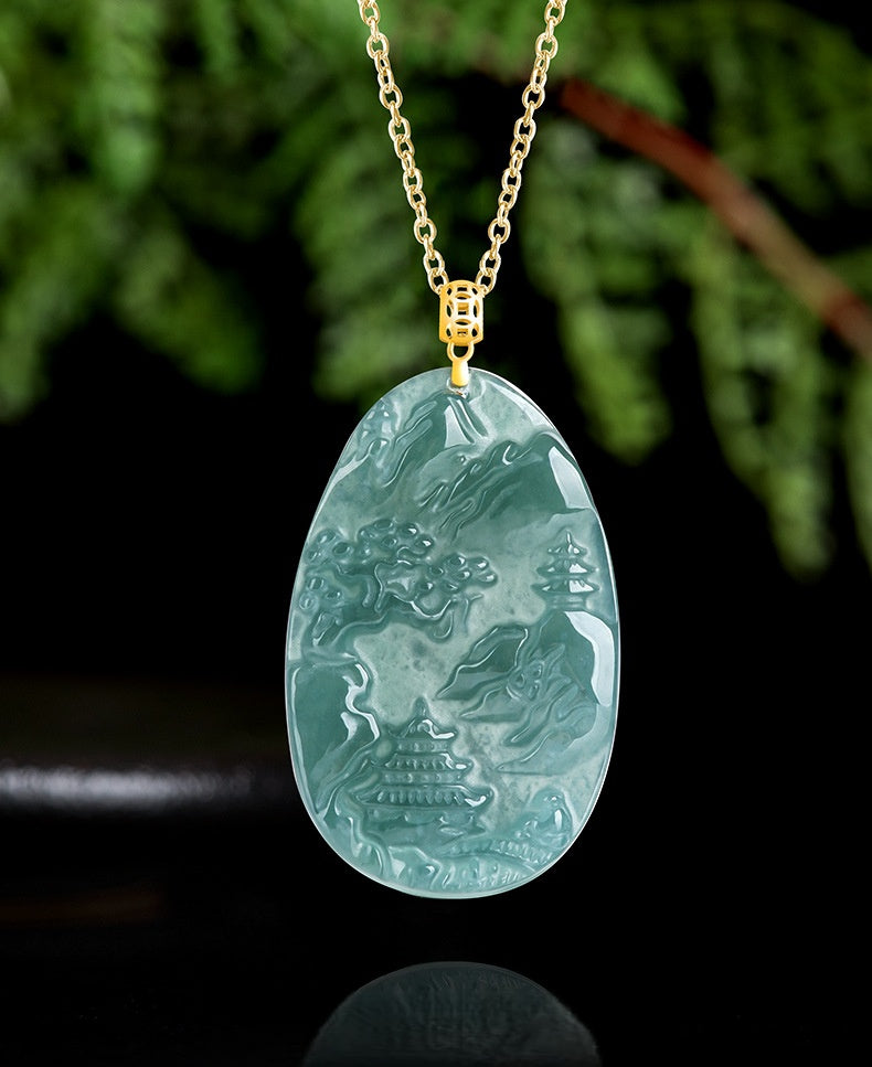 Jade Landscape Pendant¨CWisdom, Serenity & Boundless Prosperity-grade a jade
