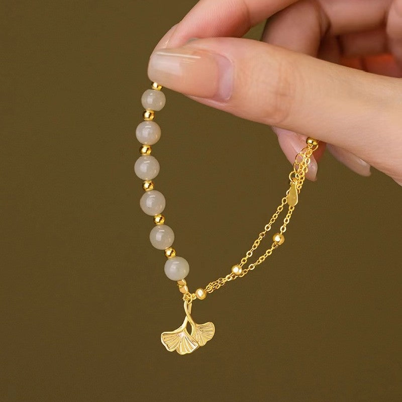 Apricot leaves Jade Beads Women Silver Bracelet-Prosperity