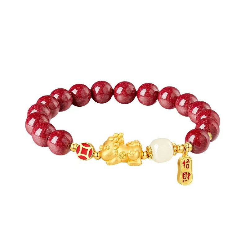 Gold Pixiu Red Cinnbar Beads Bracelet-Traditional Good Fortune Symbol