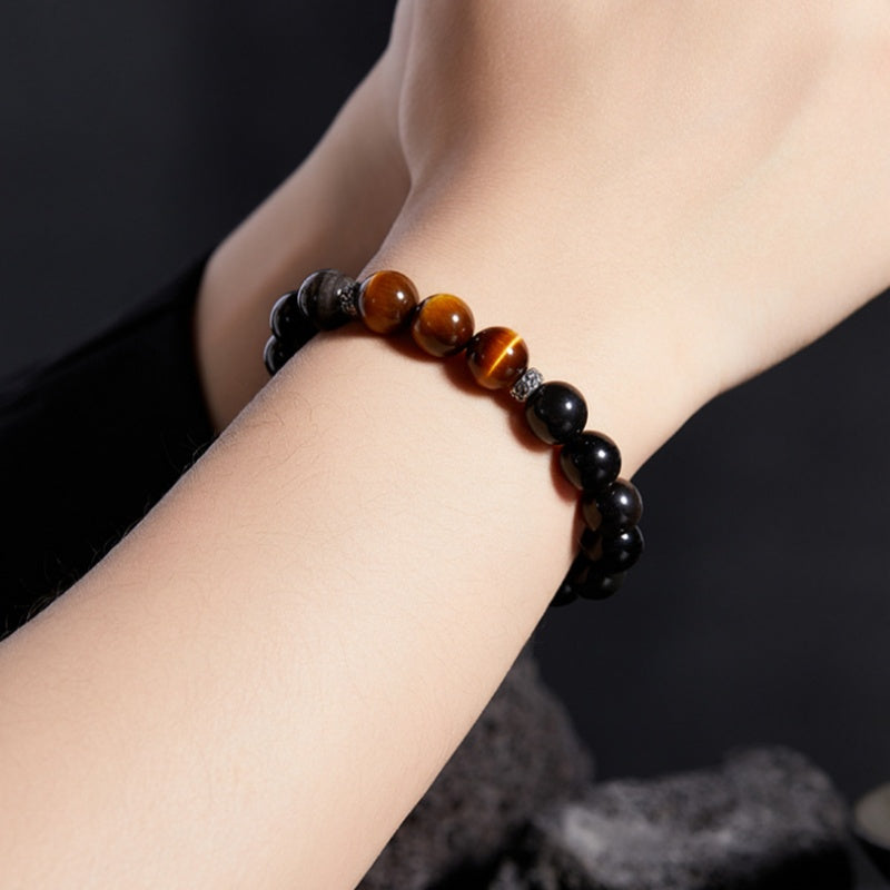 Silver Tiger Luster-Silver Obsidian & Tiger's Eye Beaded Bracelet