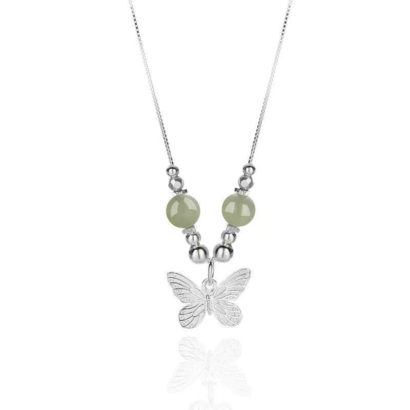 Butterfly Jade Beads Silver Necklace-Transformation and Prosperity